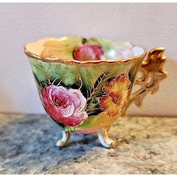 Chubu China Tea Cup Occupied Japan Gold Trim Footed Rose Floral Demitasse - Picture 1 of 9